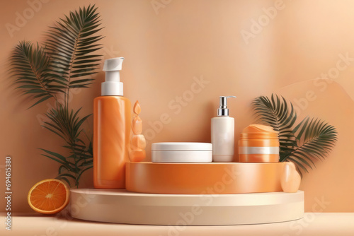 orange cosmetics podium 3D mockup showcasing cream jar shampoo bottle