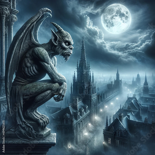 A mythical gargoyle image, depicting a fearsome and detailed gargoyle perched on top of a Gothic cathedral. The gargoyle is made of weathered stone