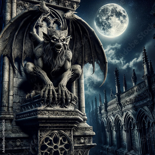 gargoyle perched atop an ancient, weathered stone tower under a full moon night. The gargoyle is detailed with intricate, Gothic-style