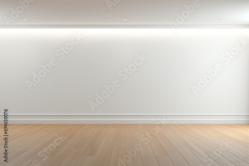 In this 3D rendering, experience a minimalist interior with wood laminate floors and natural sunlight casting artistic wall shadows. Ideal for design presentations. Generative AI.