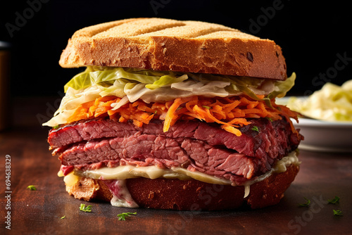 A close-up view of a Midwest-inspired corned beef and cabbage burger. (Generative AI)