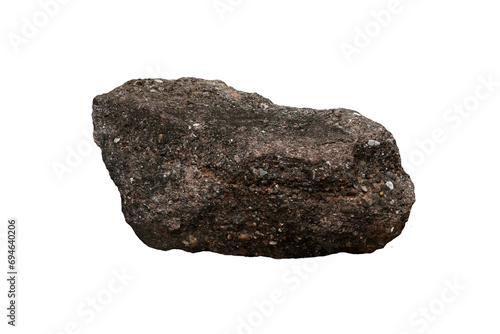 Cut out a large strange conglomerate rock stone in Jurassic Cretaceous period isolated on white background. Outdoor garden decoration stones.