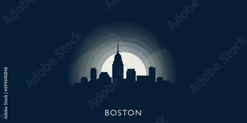 USA United States Boston cityscape skyline city panorama vector flat modern banner illustration. US Massachusetts state emblem idea with landmarks and building silhouette at sunrise sunset night