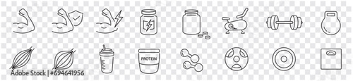 Protein, Gym, Bodybuilding, Fitness, Health, Muscle editable stroke icons set collection vector