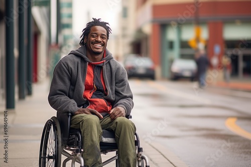 Man on a wheelchair smiling on city street