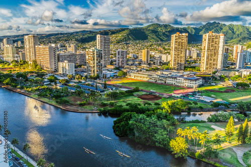Colorful Canoes Buildings Ala Wai Canal Waikiki Honolulu Hawaii