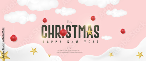Merry Christmas and Happy New Year background with clouds and snow and Golden Star, holiday concept Greeting card, banner poster design vector illustration.