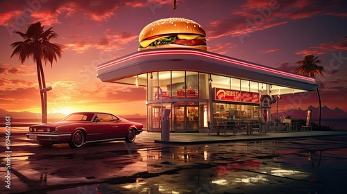retro-style diner with a cheeseburger signboard and a classic car at sunset
