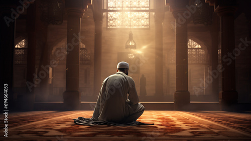 a muslim man praying in mosque, ramadan, islamic background, Generative AI