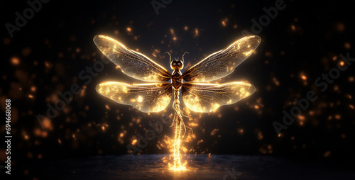 photorealistic dragonfly made of golden light