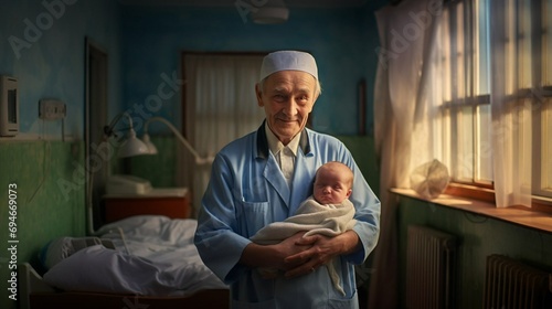 An obstetrician holds a baby in her arms. International Day of the Midwife. An elderly male obstetrician hugs a newborn baby on a black background. Generative AI