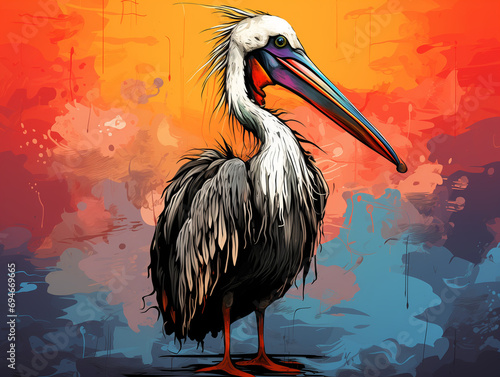 A Character Cartoon of a Pelican on an Abstract Background with Thick Textures and Bold Colors