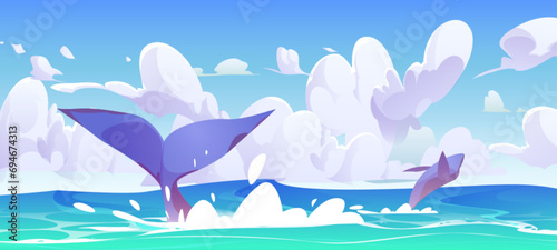 Cartoon sea or ocean landscape with jumping whales. Sunny day vector illustration with whale or orca tail and splashes on water. Observing and exploring large cetacean animal in its natural habitat.