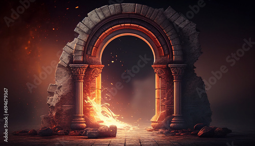Ancient classic architecture stone arches with flames background, ,ancient roman aqueduct, Ai generated image