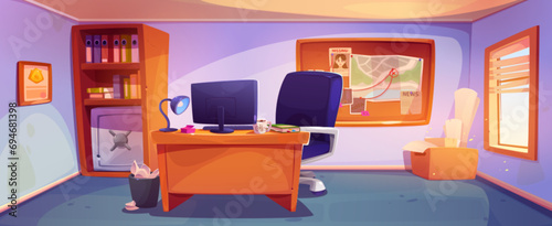 Detective office interior. Vector cartoon illustration of police station room with evidence board on wall, computer on wooden desk, armchair, folders with case documents on shelf, day light in window