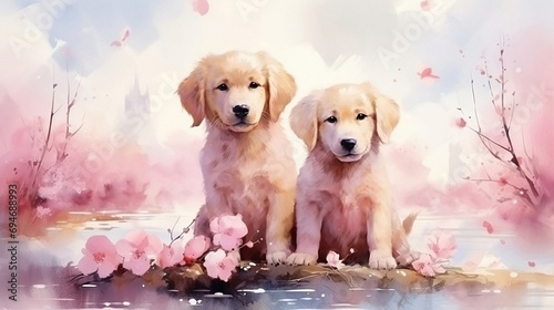 Two cute dogs in pink flowers. watercolor postcard