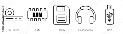 A set of 5 Computer Parts icons as cd player, ram, floppy