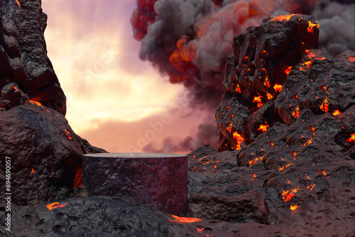 3D render Platform and natural background, Podium lava rocks smelt on volcano with magma and lava erupt for product display, Blank showcase, mockup or etc