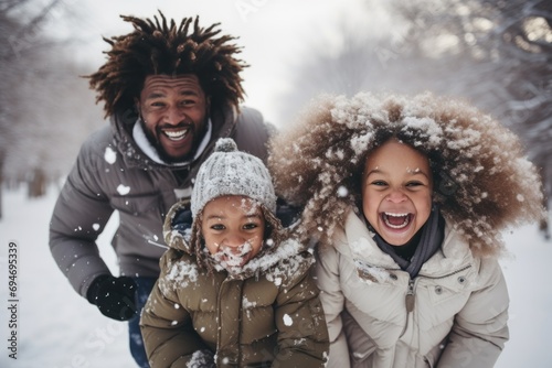 Laughing family enjoying a day of snowball fights and snow angels, winter bonding activities