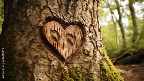 Wooden heart on a tree in the forest. Love concept.