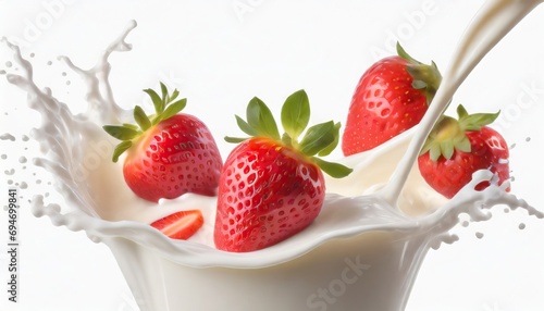 milk or yogurt splash with strawberries isolated on white background 