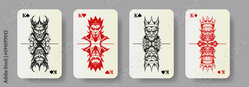 Set of playing cards, Kings Spades Hearts Clubs Diamonds. Portraits of evil royal demons. Collection of graphic scary royal faces.
