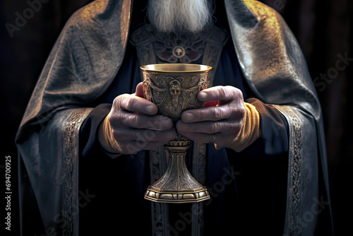 Image generated with AI. Front view of a priest lifting the holy grail