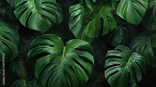 Green leaves of Monstera plant growing in wild, the tropical forest plant, evergreen vine on black background. 