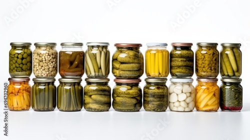 Composition with jars of pickled vegetables isolated on white background