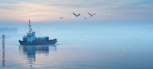 Serene dawn over water with fishing boat and flying seagulls