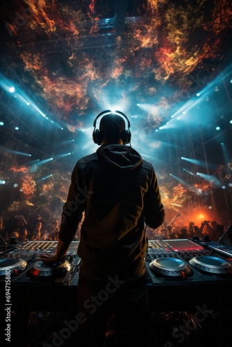 Disc jockey man's silhouette on a vibrant stage, connecting with the audience through music, Generative AI 