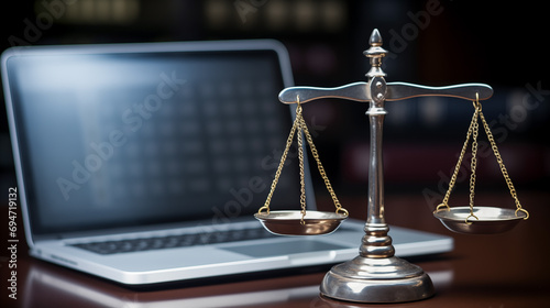 A computer keyboard with two conveying legal objects: a set of weighing scales and a gavel, creating a perfect balance.