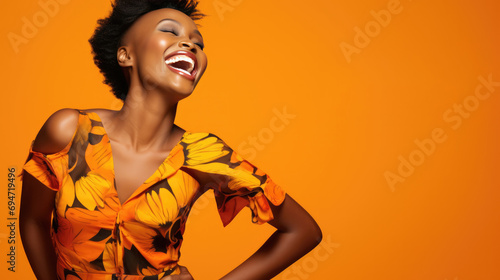 Excitement. Dark skin African female model laughing