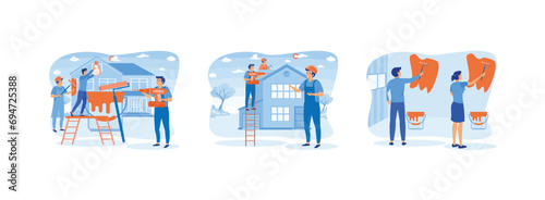 Home renovation workers. Workers repairing roof. Painting wall in new apartment. Home renovation set flat vector modern illustration 