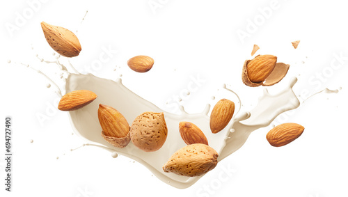 Almonds with milk splash isolated