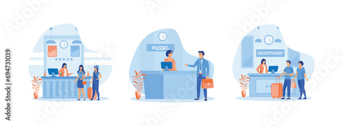 guests talking with receptionist, Visitation scene, tourists or travelers standing at the reception desk and talking to the receptionist. Hotel receptionist set flat vector modern illustration