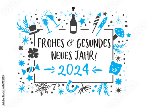 Frohes neues gesundes Jahr blau weiß - Neujahrsgrüße 2024 mit deutschem Text