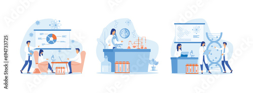 Laboratory interior, equipment and lab glassware, Chemical laboratory analysis laboratory analysis women laboratory assistant, medical microbiology vector concept. Laboratory set flat vector modern 