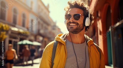 portrait of happy man wearing headphones on the street listening to music