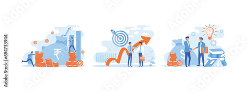 Business people are increasing Rupee coins with ever increasing graph, design concept of business analysis and planning, Business growth set flat vector modern illustration