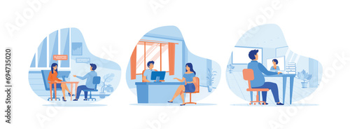 Job interview, Woman having a job interview with Businessman HR, Man talking to a young woman. set flat vector modern illustration 