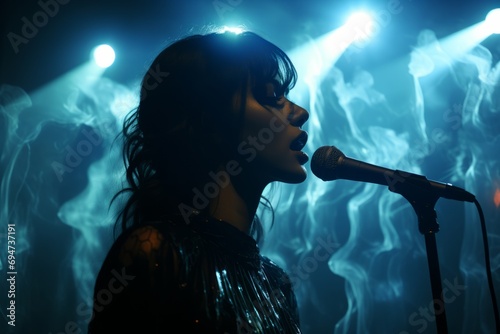 Mysterious vocalist performing behind a semi-transparent screen, Generative AI