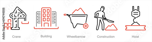A set of 5 Build icons as crane, building, wheelbarrow