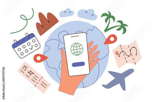 Travel app hand drawn composition, planning a trip online, doodle icons of plane, calendar, ticket, vector illustration of mobile phone screen, globe with location icons, travel agency concept