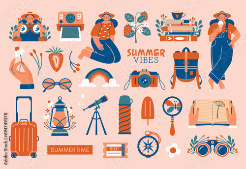 Summer adventure set clip arts. Cute vector illustrations about summertime, travels with girl in hat, polaroid, camera, suitcase, rainbow, backpack, hand holding flower, ice cream, books. For stickers