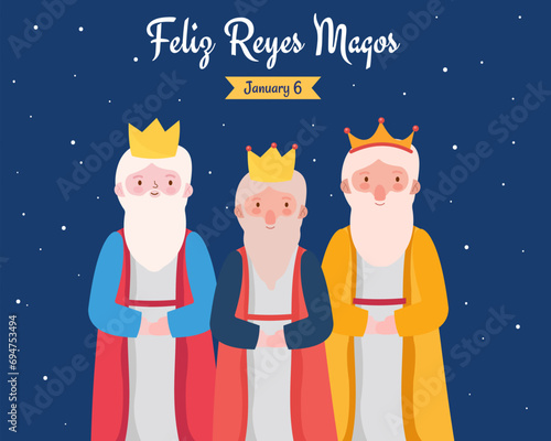 Happy Three Kings Day celebrating epiphany day Christian festival to Faith on the Divinity of Jesus Cute cartoon character of three wise men
