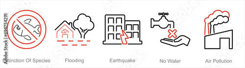 A set of 5 climate change icons as extinction of species, flooding, earthquake