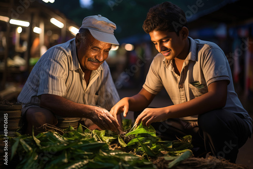 An elderly man with a cap and a young man smiling and bonding over corn husks at an outdoor vegetable market.