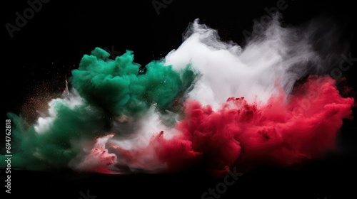 Red, green, and white colored powder explosion on a black background. Holi paint powder splash in colors of the Italy flag
