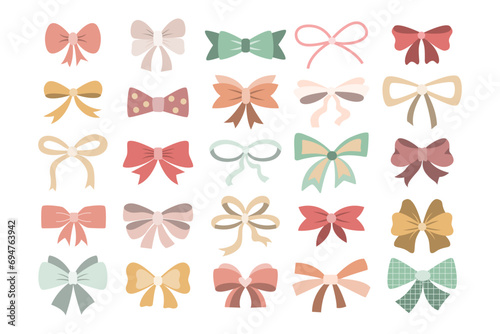 Set of colorful ribbon bows in flat style isolated on white background.
